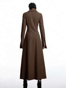 LYSMO Đầm thường ngày tay dài màu trơn có khóa kéo phía trước xẻ tà cho nữ - màu nâu - Xem 3