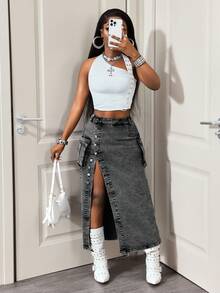 Slaydiva Women's Casual Denim Mini Skirt - Grey - View 8