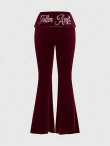 ROMWE Grunge Punk Y2K 丝绒水钻印花短款连帽衫和低腰喇叭裤两件套女装 - 酒紅色 - 查看 4