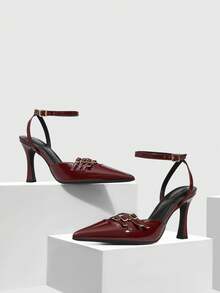 CUCCOO SZL Women's Fashion Versatile Commuter Buckle Pointed Toe Pumps For Christmas - Burgundy - View 2