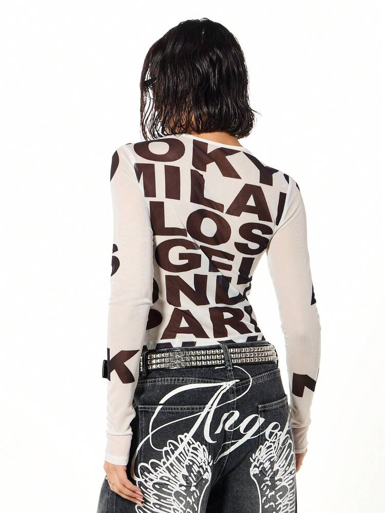 SUMWON WOMEN Long Sleeve Mesh Letter Print Top With Crew Neckline