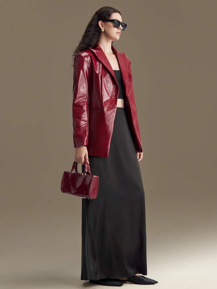 Women's Burgundy PU Textured Fabric Suit With Lapel Design, Long Sleeve, Slightly Waisted, Business Casual Office Wear, Low-Key Elegant Commuter High-Quality Airport Fashion, High-End Material, High-Sense, Chic Cruise Modern Urban Casual Fashion Business Casual Women's Office Wear Low-Key Old Money Style Effortless Temperament High-End Urban Commuting High-Quality Airport Women's Wear High-End Material High-End, Elegant, Old-Fashioned Cruise Attire For Wedding Guests