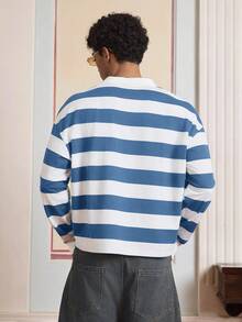 SWAVVY 男士休闲条纹印花长袖Polo衫 - 淺藍色 - 查看 2