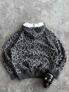 SHEIN Women's Outdoor Wear Tops, Autumn Tops, Autumn/Winter, Patterned Design, Leopard Print, Outdoor, Holiday, Street Photography, Must-Have For Women, 100% Head-Turning, Dark Gray, Women's Sweatshirt Sweatshirt - Multicolor - View 2