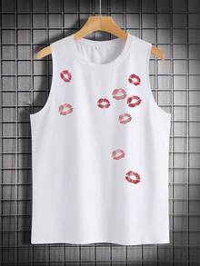 Manfinity EMRG Men's Lip Print Round Neck Casual Fitted Tank Top - White - View 2