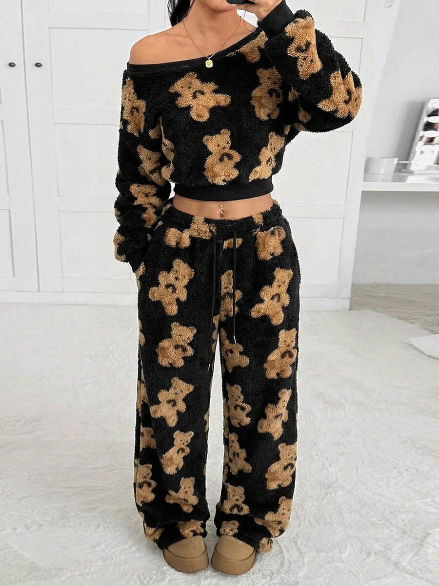 CovetEZ Women's Autumn/Winter New Cartoon Bear Pattern Fleece Oblique Shoulder Hoodie And Pants 2 Pieces Set - Black - View 1