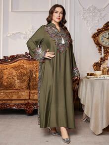 Al Najma 大码女式长袖A字连衣裙，流苏拼接串珠刺绣土耳其传统长袍