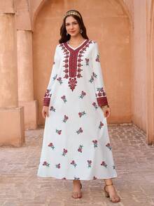Teen Girls'Traditional Arab Robe,Middle Eastern Style,White,Autumn,Elegant,Party,Pink Floral Print,Embroidered Trim Abaya Dress - Multicolor - View 8