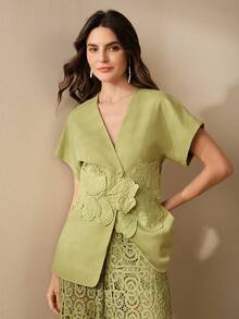 Anewsta Women's Elegant Floral Embellished Waist Fitted Blouse, Suitable For Party, Birthday, Commute, Spring/Summer Light Green Top Floral Applique Top 3d Flower Top Filipiniana Blouse - Green - View 5