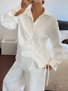 DAZY Women's Lapel Side Tie Loose Open Front Casual Shirt Long Sleeve - White - View 2
