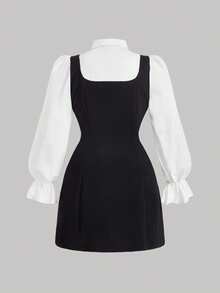 SHEIN MOD 大码蝴蝶结前荷叶边袖二合一连衣裙 - 黑與白 - 查看 2