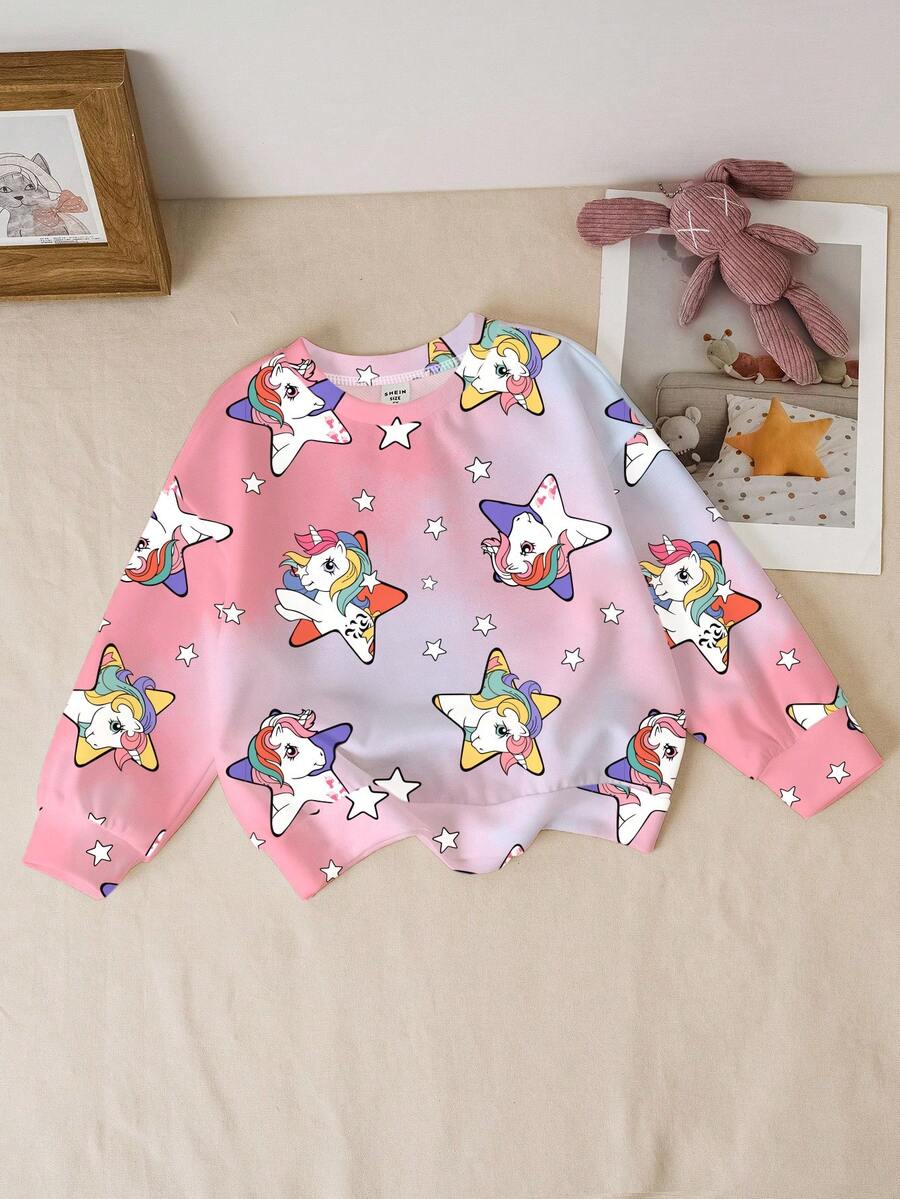 My Little Pony X SHEIN Felpa girocollo casual da ragazza con stampa di unicorni e stelle, autunnale - Bianco - Visualizzare 1