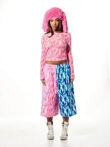 SUMWON WOMEN Áo croptop dài tay in họa tiết rằn ri cho lễ hội và dạo phố thường ngày - Hồng - Xem 3