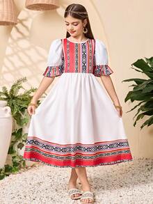 SHEIN Tween Girls Vacation A Line Midi Dress White Geometric Round Neck Puff Short Sleeve Flared Polyester Summer Dress - White - View 1