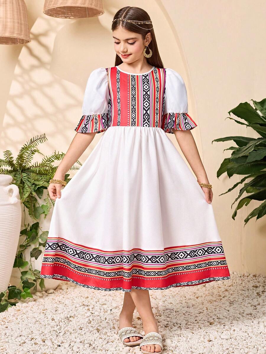 SHEIN Tween Girls Vacation A Line Midi Dress White Geometric Round Neck Puff Short Sleeve Flared Polyester Summer Dress - White - View 1