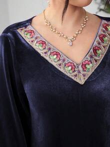 SHEIN Najma Women's V-Neck Floral Embroidery Lace Patchwork Sleeve Casual Party Holiday Flare Sleeve Arabic Dress - Blue - View 7