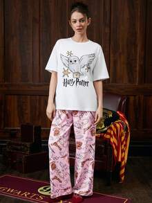 HARRY POTTER X SHEIN Women's Summer Round Neck Short-Sleeved Loose Owl Hedwig Printed T-Shirt And Trousers Pajama Set, Comfortable And Casual Summer At Home - Pink - View 4