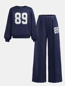 SHEIN Girlism Tween Girl Casual School Street Style Letter & Number Graphic Print Crew Neck Sweatshirt And Pleated Wide Leg Straight Pants Knit Tracksuit Set, Navy Blue Back To School Outfit - Navy Blue - View 12