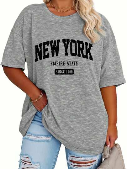 EMERY ROSE Plusstorlek damt-t-shirt med New York-tryck, lös passform, medellång kortärmad och rund halsringning