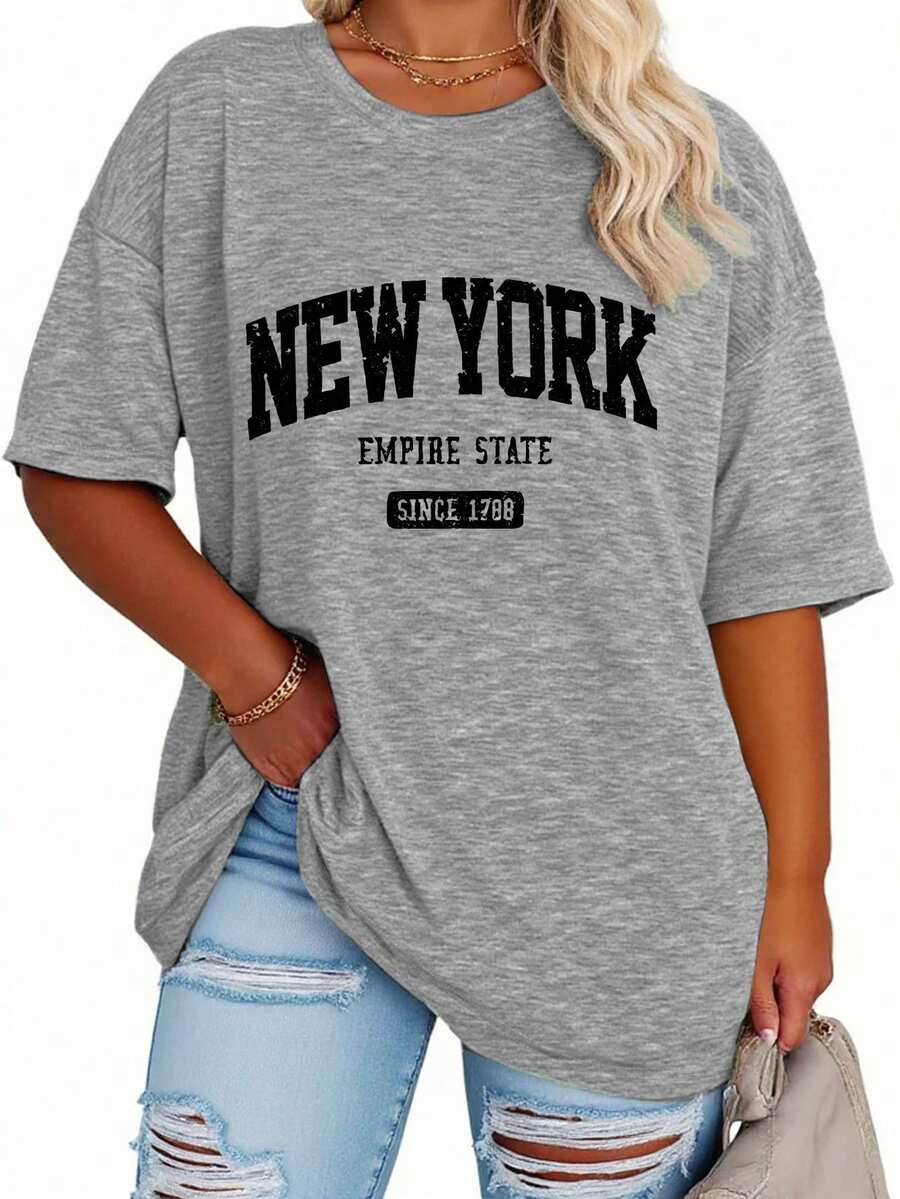 EMERY ROSE Plus Size Women's Casual New York Letter Print Loose Fit Mid-Length Short Sleeve Round Neck T-Shirt - Grey - View 1