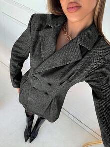 SHEIN EZwear 优雅女士黑色粗花呢套装，包含翻领长袖西装外套和配套短裤，打造精致干练的造型。女士西装外套，粗花呢外套，女士商务套装，女士西装外套，女士西装套装 - 黑色 - 查看 7