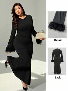 Auralis Neues stilvolles pelziges Patchwork Kleid mit geraffter Taille und schlanker Silhouette, vielseitiger einfarbiger schwarzer Fishtail-Abendmantel mit hoher Dehnbarkeit, geeignet für Konzerte, Aufführungen, Dates, formelle Abendessen, Galas, Hochzeiten, Valentinstag, Partys, sexy, Geburtstagsfeiern - Schwarz - Übersicht 1