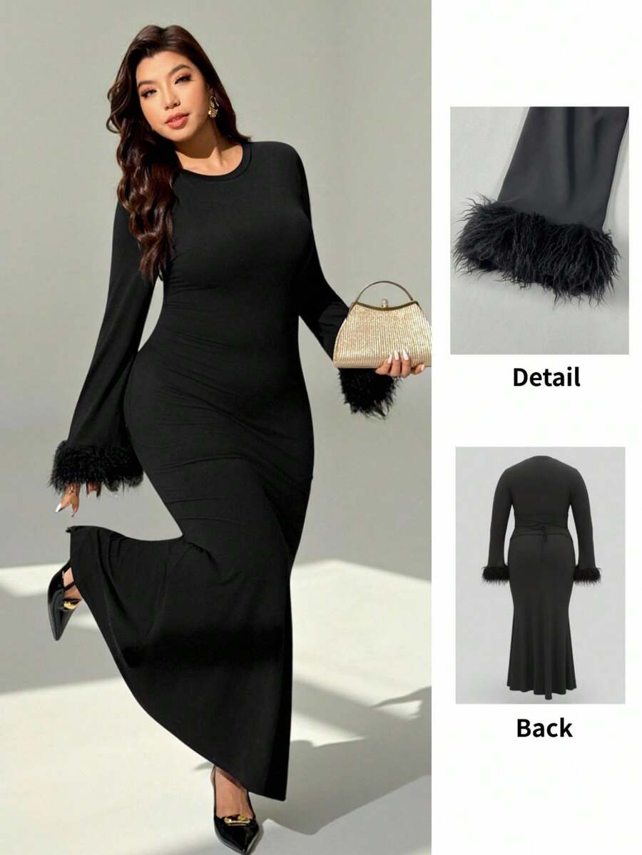 Auralis Neues stilvolles pelziges Patchwork Kleid mit geraffter Taille und schlanker Silhouette, vielseitiger einfarbiger schwarzer Fishtail-Abendmantel mit hoher Dehnbarkeit, geeignet für Konzerte, Aufführungen, Dates, formelle Abendessen, Galas, Hochzeiten, Valentinstag, Partys, sexy, Geburtstagsfeiern - Schwarz - Übersicht 1