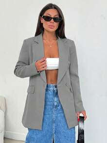 EURMUSE Blazer feminino casual/de trabalho de cor sólida com gola lapela e mangas compridas. - Cinza - Ver 5