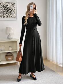 Easowa 巧克力棕色休闲宽松优雅通勤复古风长袖连衣裙，圆领，纽扣前襟，后背系带蝴蝶结，A字裙摆 - 黑色 - 查看 2