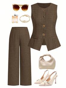 Ellevyn 大码女式单排扣马甲和阔腿裤休闲通勤两件套 - 卡其色 - 查看 1