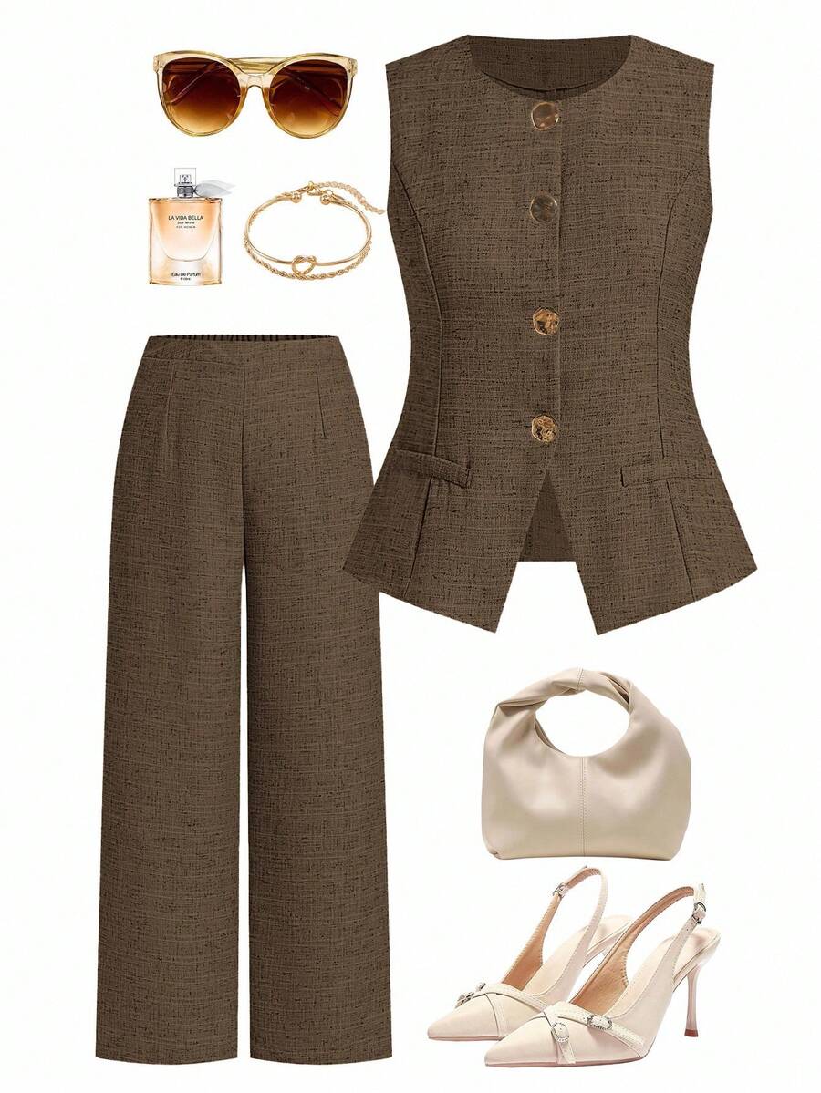 Ellevyn 大码女式单排扣马甲和阔腿裤休闲通勤两件套 - 卡其色 - 查看 1