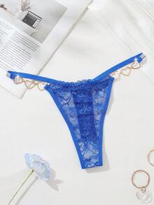 Sexy Metallic Ribbon Heart Decor Lace Splicing G-String Panty, Rave - Blue - View 3
