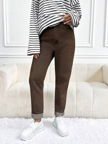 SHEIN 孕妇休闲日常通勤简约百搭纯色修身牛仔裤休闲弹力腰棕色直筒裤，裤脚卷边，适合冬季、春季、圣诞节、新年、感恩节、通勤、度假、毕业典礼等场合，时尚Y2K可爱街头风派对婚礼优雅商务休闲女式弹力腰九分裤棕色休闲裤卷边牛仔裤极简主义裤装 - 棕色 - 查看 8