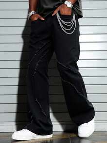 GALLERY FADE Men's Hip Hop American Street Style Patchwork Frayed Hem Flare Jeans - Black - View 1
