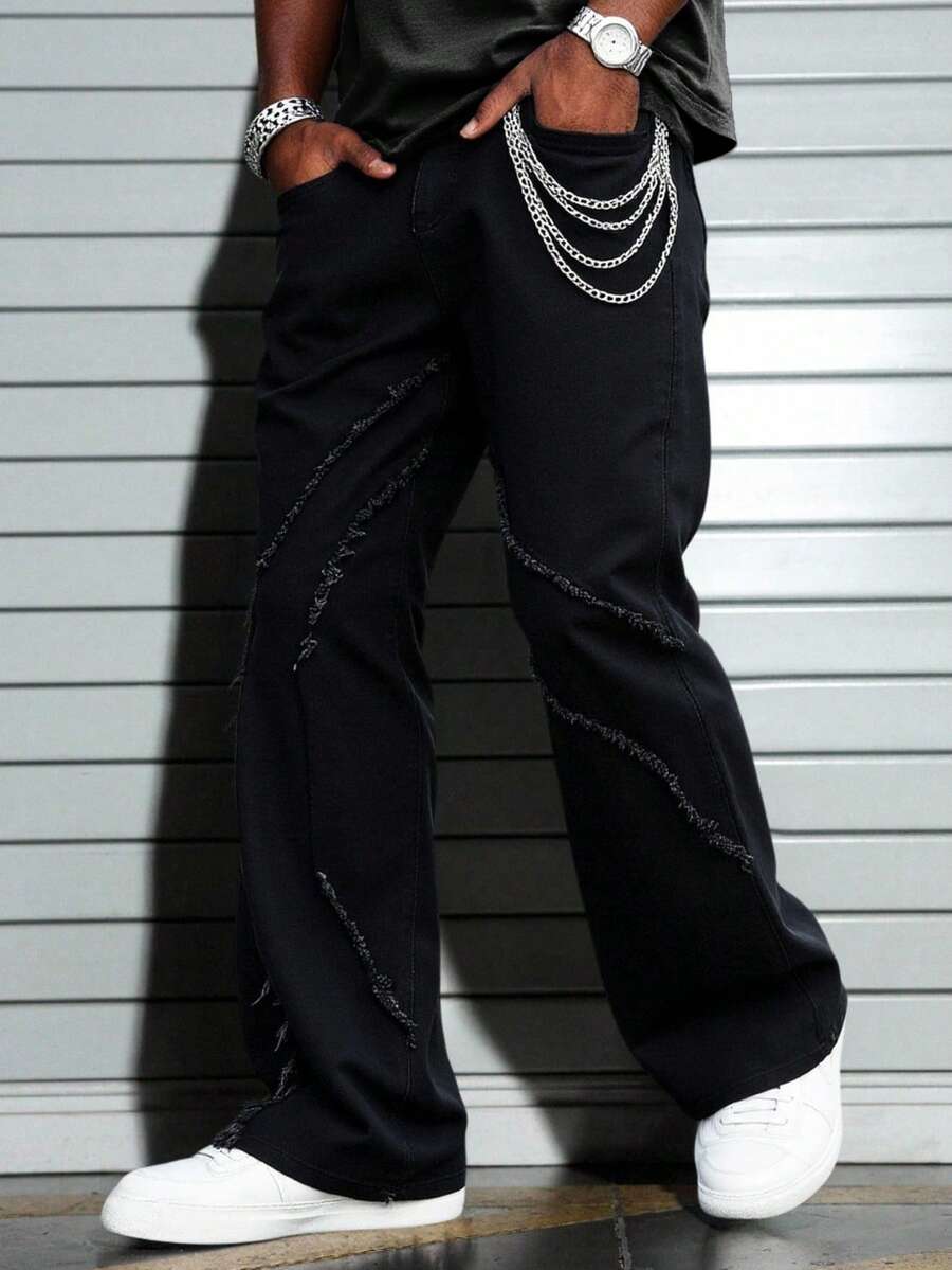 GALLERY FADE Men's Hip Hop American Street Style Patchwork Frayed Hem Flare Jeans - Black - View 1