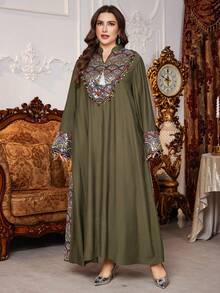 Al Najma 大码女式长袖A字连衣裙，流苏拼接串珠刺绣土耳其传统长袍