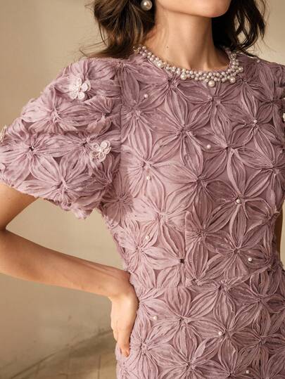 Anewsta Women's Elegant Floral Beaded Puff Sleeve Dress, Graceful Lavender Color, Suitable For Valentine's Day, Party, And Gatherings