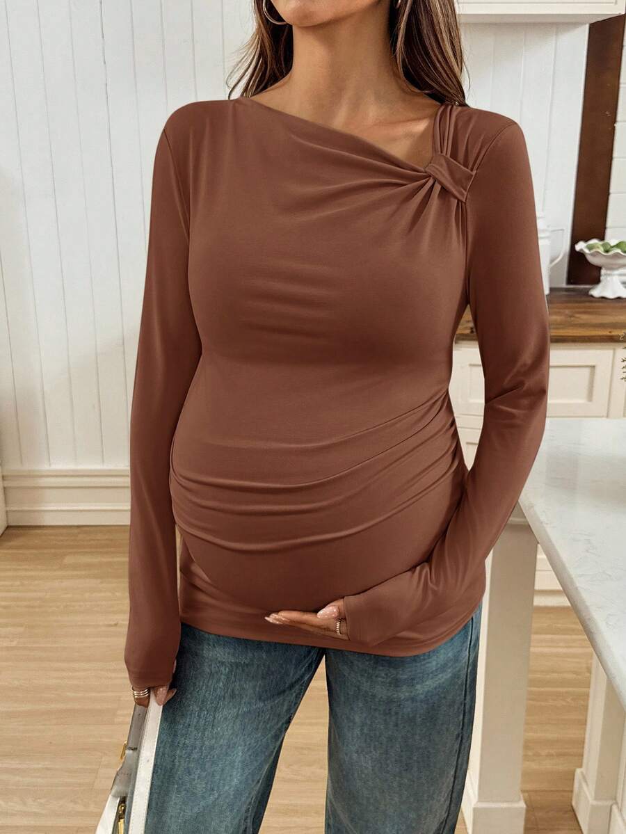 SHEIN Áo thun dài tay ôm sát cổ bất đối xứng màu trơn cho bà bầu - màu nâu - Xem 1