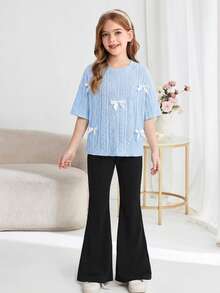 Serisse Kids 少女宽松针织提花圆领套头衫和喇叭裤两件套 - 淺藍色 - 查看 7