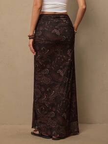 Freevana Women's Casual Bohemian Retro Western Paisley Cashew Flower Print Versatile Brown Knit Skirt, Suitable For Spring, Music Festival Outfit