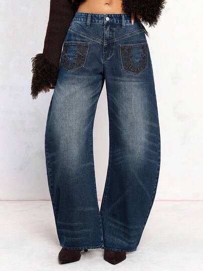 ROMWE Avant Jeans maxi asimmetrici con vita bassa, gamba ampia e effetto vissuto, con ricami, stile americano baddie