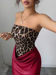 Elenzga 豹纹无袖紧身连衣裙，优雅迷人的女士万圣节服装 - 酒紅色 - 查看 3