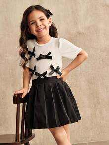 SHEIN Girls Elegant Solid All-Match Versatile 3D Bow Ruffle Short Sleeve Cropped Knit T-Shirt + Fitted Flare Pants Knit Set - Black - View 5