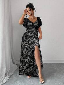SHEIN Elenzya Women's Romantic, Ruffle Sleeve, Waist Pleated Slit Dress, Elegant For Party And Banquet Long Dress Lace Dress Long Lace Dress Curve Elegant Dress - Black - View 4