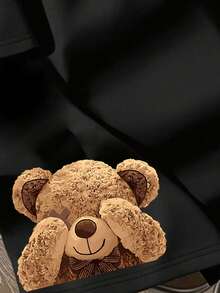 Resyla Áo thun cổ tròn tay ngắn in hình gấu hoạt hình và khẩu hiệu thường ngày dành cho nữ - màu đen - Xem 5