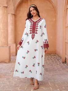 Teen Girls'Traditional Arab Robe,Middle Eastern Style,White,Autumn,Elegant,Party,Pink Floral Print,Embroidered Trim Abaya Dress - Multicolor - View 5