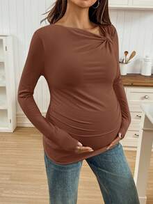 SHEIN Áo thun dài tay ôm sát cổ bất đối xứng màu trơn cho bà bầu - màu nâu - Xem 4