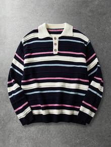 ROMWE MEN Suéter de cuello polo de manga larga con rayas de contraste para hombre - Multicolor - Ver 1