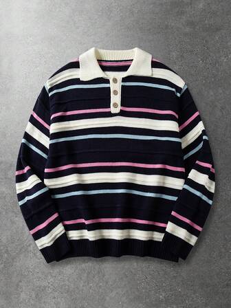 Pull à col polo à rayures contrastées à manches longues pour hommes