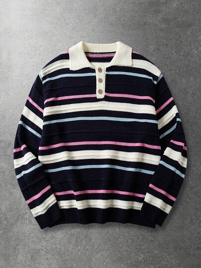 ROMWE MEN Áo len cổ polo tay dài kẻ sọc tương phản dành cho nam